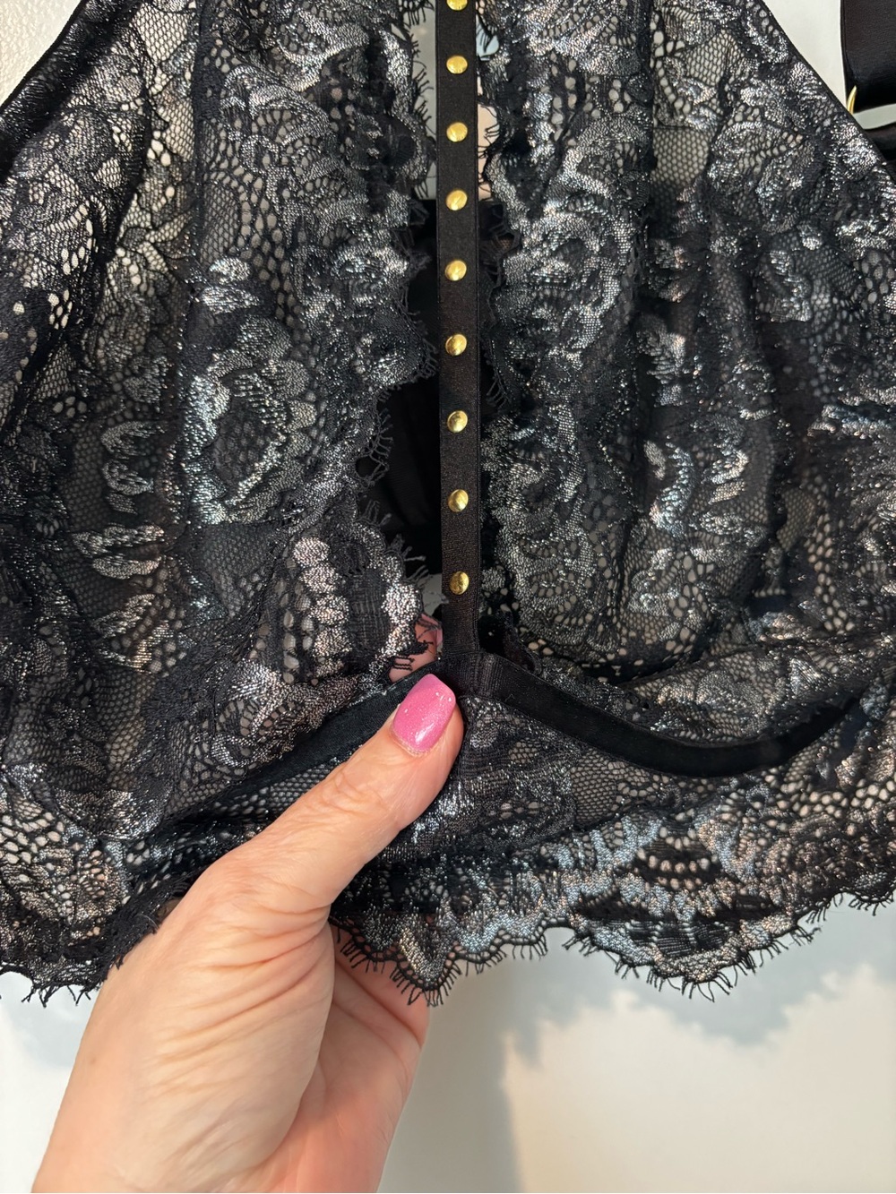 City Chic Black Lace Longline Bralette with Gold Stud Trim - Picture 2 of 2